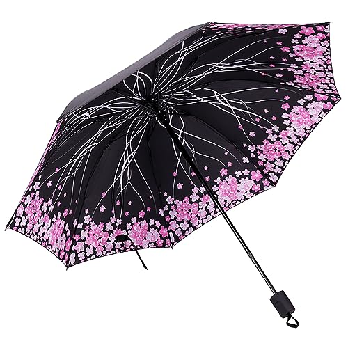 Hearda Regenschirm Manuell, Kirschblüten Muster 8 Rippen Taschenschirm Sturmfest Regenschirm Kompakt Schnelltrockend, Schützt vor Regen und Sonne, für Kinder Männer Frauen (Pinke Blumen) von Hearda