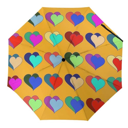 Hearda Regenschirm Manuell Öffnen, 3D Liebe Herz Muster Taschenschirm Sturmfest Regenschirm Wasserdicht Kompakt Sonnenschutz Reise Regenschirm für Damen Herren Kinder (Bunt) von Hearda