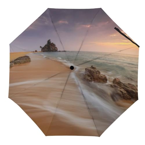 Hearda Regenschirm Manuell Öffnen, 3D Meerblick Muster Taschenschirm Sturmfest Regenschirm Wasserdicht Kompakt Sonnenschutz Reise Regenschirm für Damen Herren Kinder (Meeresstrand) von Hearda