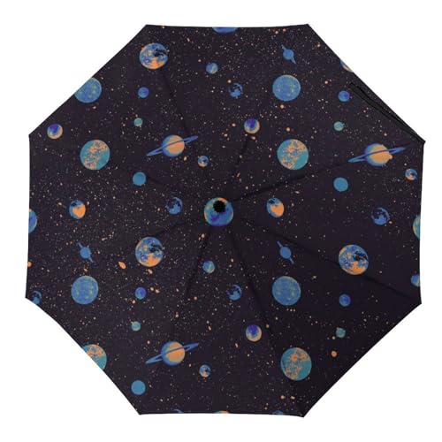 Hearda Regenschirm Manuell Öffnen, 3D Planet Muster Taschenschirm Sturmfest Leicht Wasserdicht Kompakt Sonnenschutz Reise Regenschirm für Damen Herren Kinder (Blau Planet) von Hearda