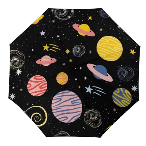 Hearda Regenschirm Manuell Öffnen, 3D Planet Muster Taschenschirm Sturmfest Leicht Regenschirm Wasserdicht Kompakt Sonnenschutz Reise Regenschirm für Damen Herren Kinder (Karikatur) von Hearda