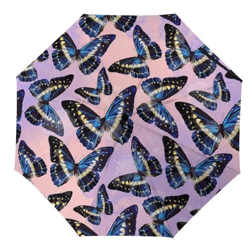 Hearda Regenschirm Manuell Öffnen, 3D Schmetterling Muster, Wasserdicht, Kompakt, Sonnenschutz, Reise Regenschirm für Damen, Herren, Kinder (Blau Schmetterling) von Hearda