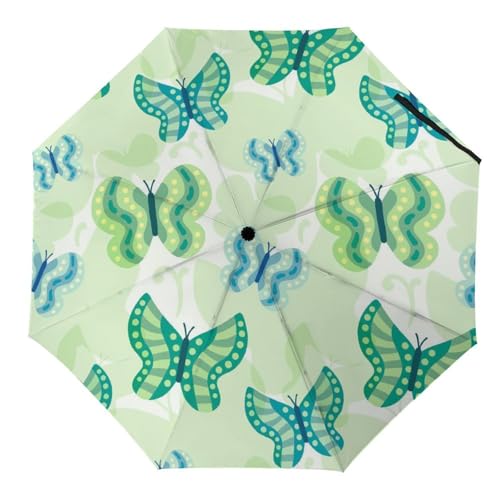 Hearda Regenschirm Manuell Öffnen, 3D Schmetterling Muster Taschenschirm Sturmfest Wasserdicht Kompakt Sonnenschutz Reise Regenschirm für Damen Herren Kinder (Grün Schmetterling) von Hearda