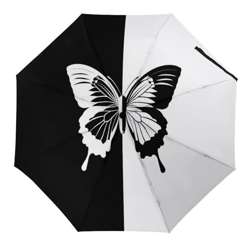 Hearda Regenschirm Manuell Öffnen, 3D Schmetterling Muster Taschenschirm Sturmfest Regenschirm Wasserdicht Kompakt Sonnenschutz Reise Regenschirm für Damen Herren Kinder (Schwarz Weiß) von Hearda