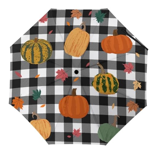 Hearda Regenschirm Manuell Öffnen, Frohes Erntedankfest 3D Drucken Taschenschirm Sturmfest Regenschirm Wasserdicht Sonnenschutz Reise Regenschirm für Damen Herren Kinder (Schwarz Plaid) von Hearda