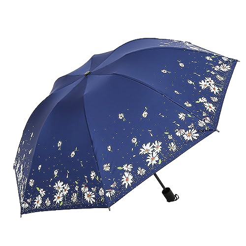 Hearda Regenschirm Sturmfest, Falt Regenschirm Groß Regenschirm Kinder Erwachsene Leicht und Kompakt Regenschirm für Reise, Im Freien, Rucksäcke (Durchmesser 96cm,Marinefarbenes Gänseblümchen) von Hearda