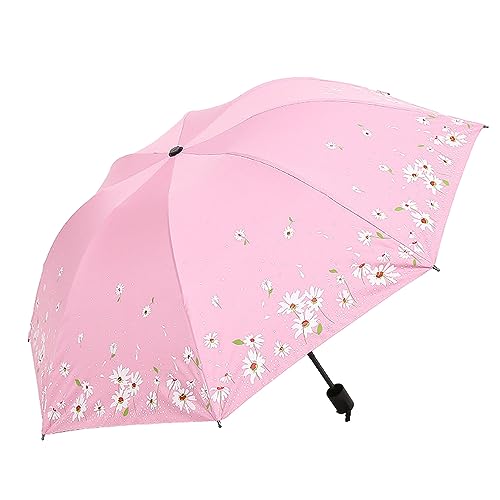 Hearda Regenschirm Sturmfest, Falt Regenschirm Groß Regenschirm Kinder Erwachsene Leicht und Kompakt Regenschirm für Reise, Im Freien, Rucksäcke (Durchmesser 96cm,Rosa Gänseblümchen) von Hearda