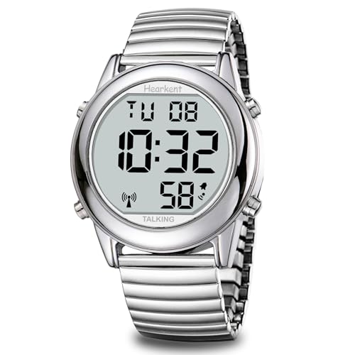 Hearkent Herren Sprechende Uhr Deutsch Ankündigung,Senioren Armbanduhr Sehbehinderte Uhren Blindenuhr,Große Digitale Funkuhr,Durchdachte Geschenke(Silber) von Hearkent