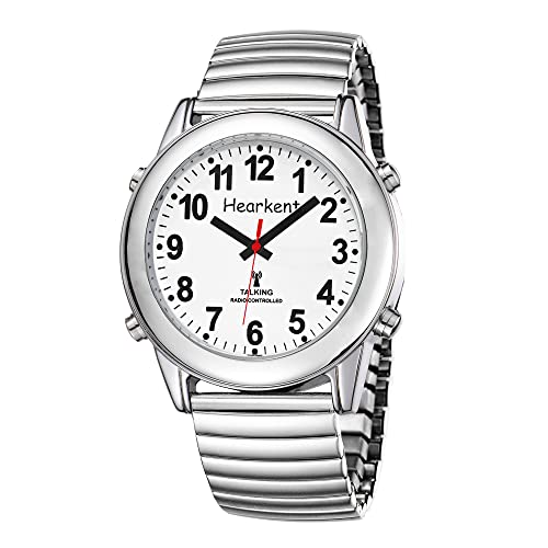 Hearkent Atomic Sprechende Uhr mit großen Zahlen und erweiterbarem Armband, selbsteinstellend, für Sehbehinderte Blinde oder ältere Menschen, Stretchband, MEN SIZE, Armband von Hearkent