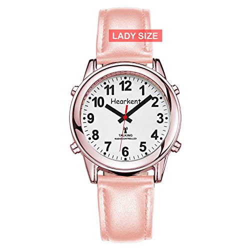 Hearkent Atomic Sprechende Uhr mit großen Zahlen und erweiterbarem Armband, selbsteinstellend, für Sehbehinderte Blinde oder ältere Menschen, Rotgold mit Rosa, lady size, Klassisch von Hearkent