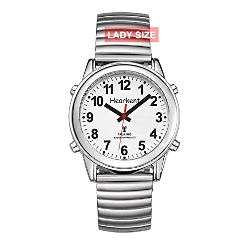 Hearkent Atomic Sprechende Uhr mit großen Zahlen und erweiterbarem Armband selbsteinstellend für Sehbehinderte oder ältere Menschen, Stretchband Silber, Lady Size, Armband von Hearkent