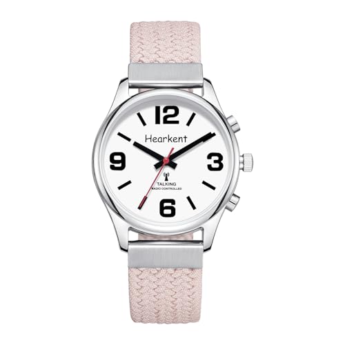 Hearkent Britisch Englisch sprechende Uhr für Damen mit großen Ziffern, selbsteinstellend, für Sehbehinderte, Blinde oder ältere Menschen, Nylon, rosa, Klassisch von Hearkent