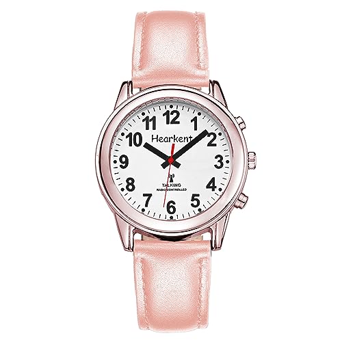 Hearkent Sprechende Uhr für Damen, Senioren Armbanduhr mit Deutscher Sprachausgabe, Blindenuhr, Sehbehindertenuhr, Lederarmband, Funkuhr (Rosa, Damengröße) von Hearkent