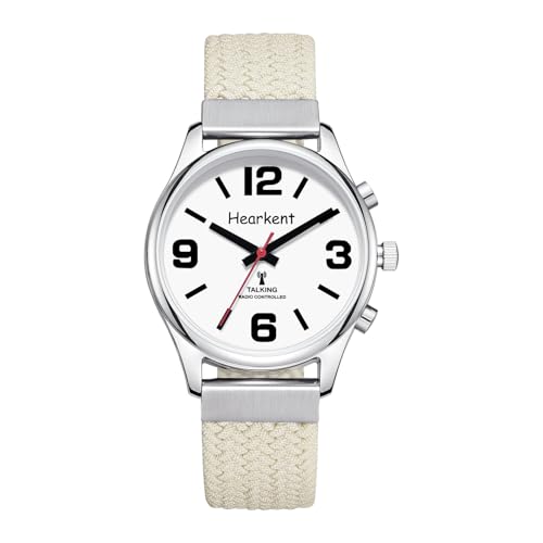 Hearkent Deutsch Sprechende Uhr Damen,Senioren Armbanduhr mit großen Zahlen, Uhren für Sehbehinderte Menschen, Blindenuhr oder Demenz Uhr (Nylon beige) von Hearkent