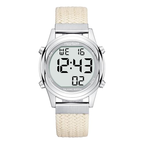Hearkent Digitale Sprechende Armbanduhr für Damen mit angenehmer französischer Stimme, LCD-Display mit großen Ziffern, für Sehbehinderte, ältere oder blinde Menschen (Beige) von Hearkent