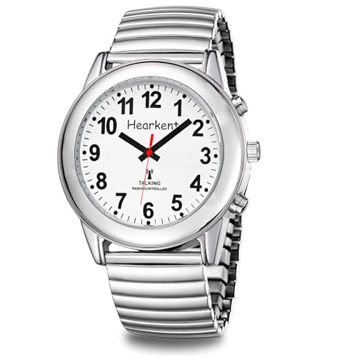 Hearkent Herren Sprechende Uhr Deutsch Seniorenuhr Funkuhr Blindenuhr,Armbanduhr mit Metall Expansionsband(Silber,Herrengröße) von Hearkent