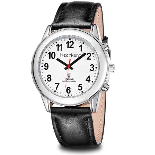 Hearkent Herren Sprechende Uhr mit Deutscher Sprachausgabe,Seniorenuhr Funkuhr Blindenuhr Sehbehindertenuhr,Uhren mit Lederarmband(Silber schwarz, Männergröße) von Hearkent