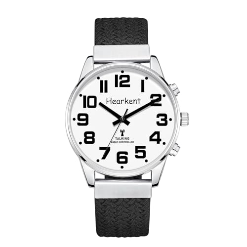 Hearkent Sprechende Armbanduhr für Herren mit französischer Stimme, große Ziffern, für Sehbehinderte, Blinde oder ältere Menschen, Nylon, schwarz, Klassisch von Hearkent