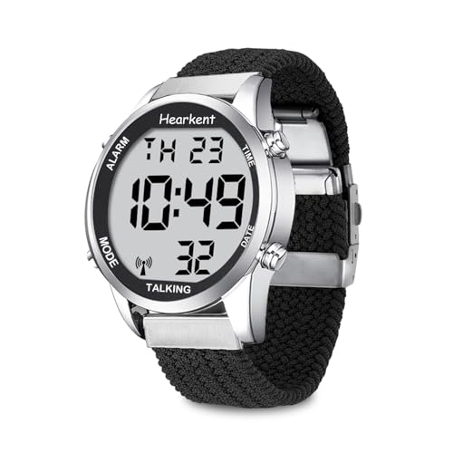 Hearkent Sprechende Uhr Sehbehinderte Funkuhr-Deutscher Stimme-LCD Große Zahl Leicht zu Lesen-Seniorenuhr Armbanduhr für Senioren,Blindenuhr(Nylon Schwarz) von Hearkent