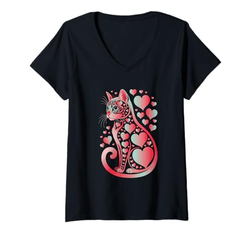 Damen Herz gemustertes Katzen-Design T-Shirt mit V-Ausschnitt Damen Herz gemustertes Katzen-Design T-Shirt mit V-Ausschnitt von Heart Cat Lover Abstract Feline Art