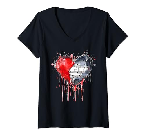 Damen Herz Musiknoten Punk Rock Gothic Musikliebhaber T-Shirt mit V-Ausschnitt Damen Herz Musiknoten Punk Rock Gothic Musikliebhaber T-Shirt mit V-Ausschnitt von Heart Design for Emo & Gothic Rock Music Lovers