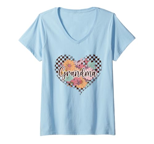 Damen Herzförmiges Grandma-Shirt mit niedlicher karierter Blumenschriftgrafik T-Shirt mit V-Ausschnitt Damen Herzförmiges Grandma-Shirt mit niedlicher karierter Blumenschriftgrafik T-Shirt mit V-Ausschnitt von Heart Flower Grandma Tee Shirts for Women