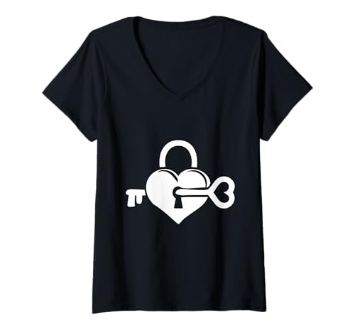 Damen Herz-Medaillon mit Schlüssel, Geschenk zum Jahrestag T-Shirt mit V-Ausschnitt Damen Herz-Medaillon mit Schlüssel, Geschenk zum Jahrestag T-Shirt mit V-Ausschnitt von Heart Locket Tees