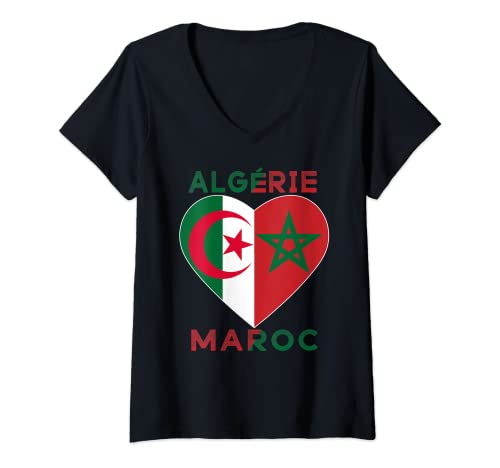 Damen Flagge Love Marokko Algerien I Love Marokko Algerien Fußball T-Shirt mit V-Ausschnitt von Heart Moroccan Algerian I Love Algeria Morocco