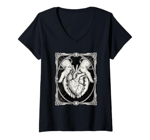 Damen Hände halten Anatomisches Herz Gothic Barock Linie Art Style T-Shirt mit V-Ausschnitt Damen Hände halten Anatomisches Herz Gothic Barock Linie Art Style T-Shirt mit V-Ausschnitt von HeartFrame