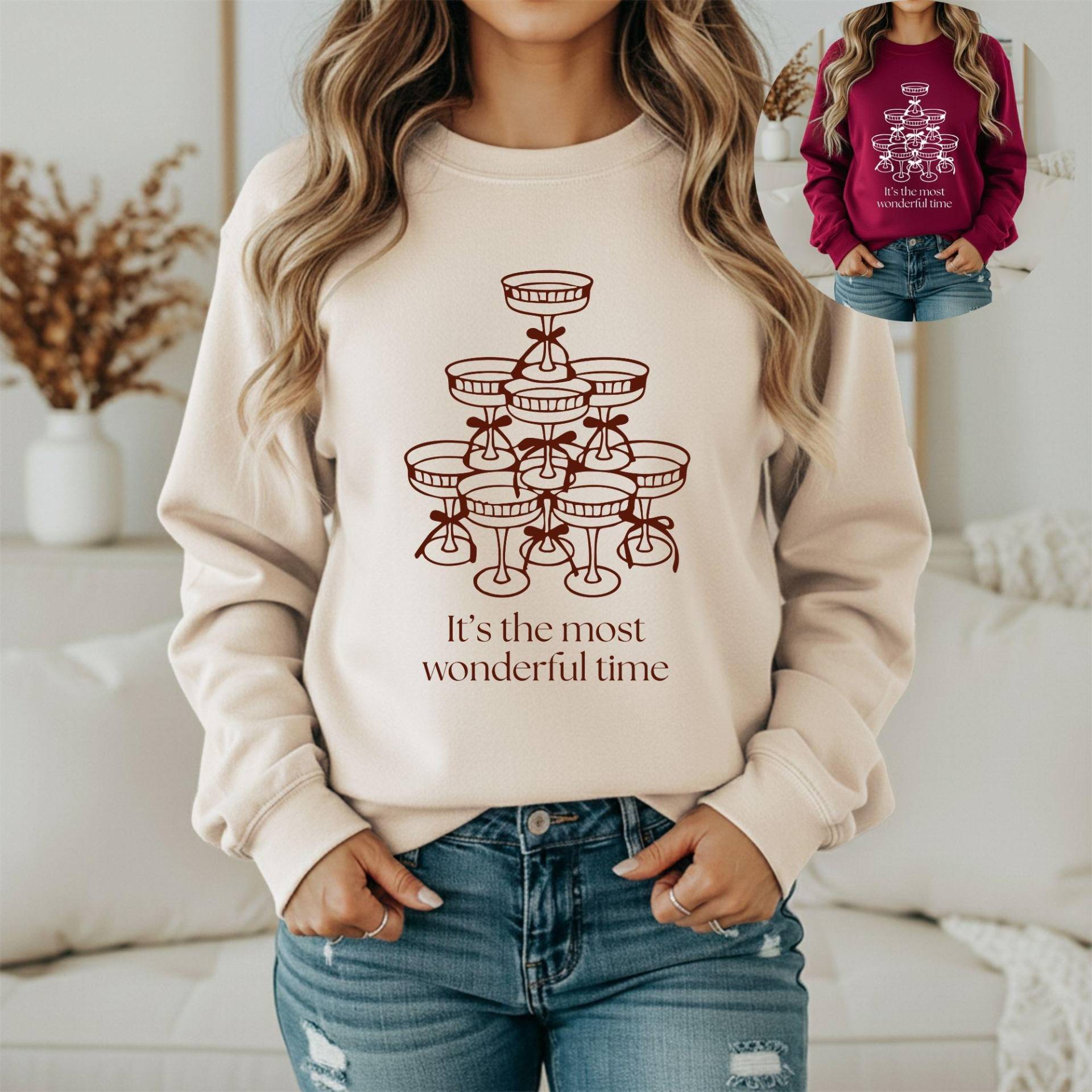 Christmas Sweatshirt, Tree Sweatshirt Champagne, Bow Sweater, Festlicher Weihnachtspullover, Weihnachtsgeschenk Für Sie von HeartandArtDesignT