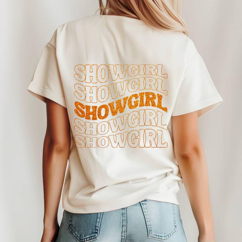 Showgirl Tshirt, Era, Orange Glitter, in My Fangirl, Outfit, Swiftie Gift, Trendy Conzert Tshirt von HeartandArtDesignT