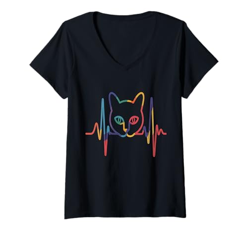 Damen Cat Heartbeat Line Love Cats T-Shirt mit V-Ausschnitt Damen Cat Heartbeat Line Love Cats T-Shirt mit V-Ausschnitt von Heartbeat Cat Lovers Apparel