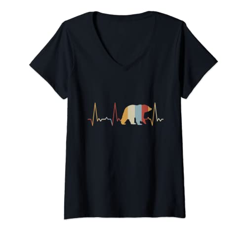 Damen Herzschlag Bär T-Shirt mit V-Ausschnitt Damen Herzschlag Bär T-Shirt mit V-Ausschnitt von Heartbeat Grafik Geschenke Damen Herren Kinder