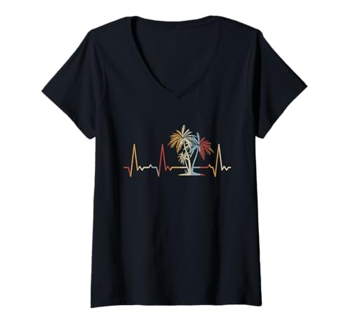 Damen Herzschlag Palmen T-Shirt mit V-Ausschnitt Damen Herzschlag Palmen T-Shirt mit V-Ausschnitt von Heartbeat Grafik Geschenke Damen Herren Kinder