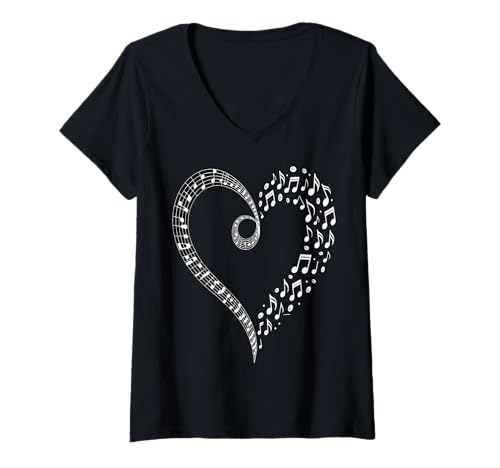 Damen Musiknoten Herz T-Shirt mit V-Ausschnitt Damen Musiknoten Herz T-Shirt mit V-Ausschnitt von Heartbeat Harmony Apparel
