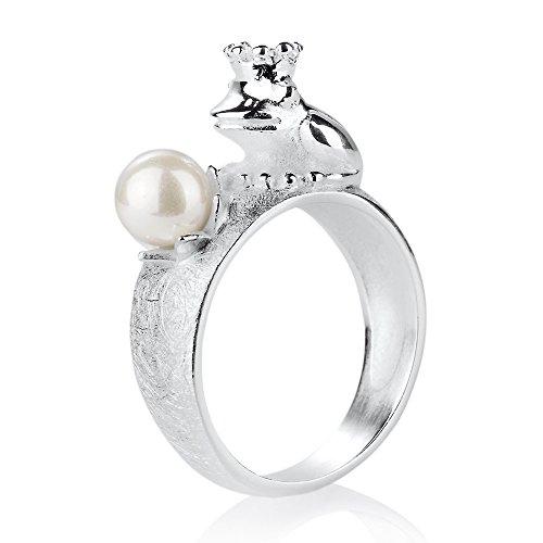 Heartbreaker Frosch Ring mit Krone und Muschelkernperle in Echtsilber | Kollektion Froggy | Froschring aus 925 Sterlingsilber | Niedlicher Ring für Damen von Heartbreaker