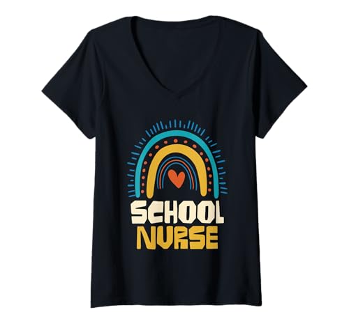 Damen Schulkrankenschwester Herz Regenbogen Kunst Design T-Shirt mit V-Ausschnitt Damen Schulkrankenschwester Herz Regenbogen Kunst Design T-Shirt mit V-Ausschnitt von Heartfelt Appreciation School Nurse