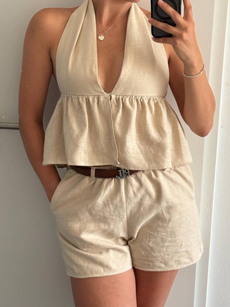 Sera Top - Deep V Halter Summer | Boho Cotton Gauze Backless, Feminine & Light Handmade Minimalist Fashion von HeartfeltStudiobyLou