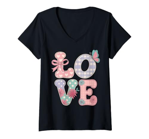 Damen Love Pastell Herzen Schmetterling Blumenmuster T-Shirt mit V-Ausschnitt Damen Love Pastell Herzen Schmetterling Blumenmuster T-Shirt mit V-Ausschnitt von Heartful Expressions Romantic Imagery