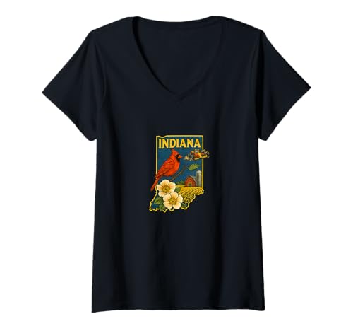 Damen Indiana Pride State Love Midwest Identity Mutiges Design T-Shirt mit V-Ausschnitt von Heartland Spirits Emporium