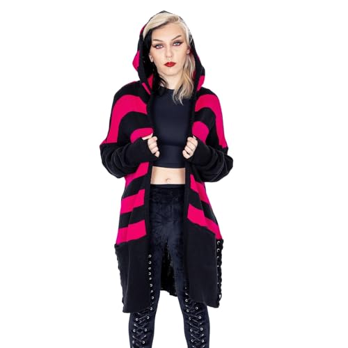 Heartless Strickjacke Willa Cardigan Pink Schwarz Gestreift Grunge Punk Streifen Kapuze, Größe:XXL von Heartless