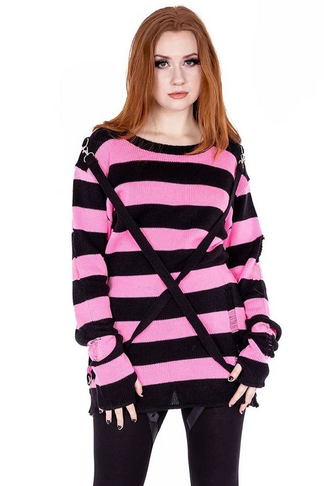 Heartless Strickpullover Oriana Strickpulli Rosa Goth Punk Gestreift Grunge Distressed von Heartless