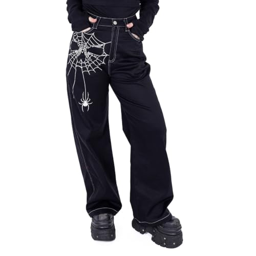 Heartless Widowmaker Jeanshose mit Hoher Taille Kontrastierendem Totenkopfnetz Weitem Bein im Gotisch Stil, Schwarz, 32W von Heartless