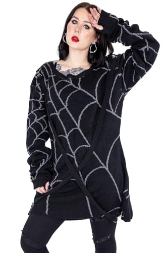 Herzloser Spinnennetz Gotisch Pullover Strickgeschirr Riemen Daumenloch übergroß, Schwarz, XL von Heartless