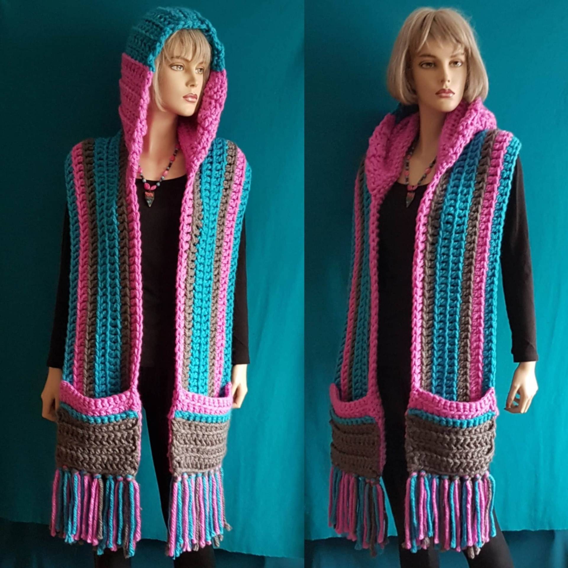 Kapuzenschal Mit Taschen in Pink-Türkis-Grau | Chunky Häkel-Schal Kapuze Zum Einkuscheln Warmer Comfy Fransen Bonbonfarben von HeartmadeHandmade77