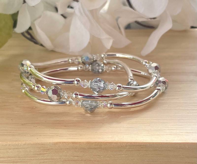 Kristall Armreif Armbänder Silber Bead Stretch Armband Set Kristall Armreif Armbänder Silber Bead Stretch Armband Set von HeartofGems