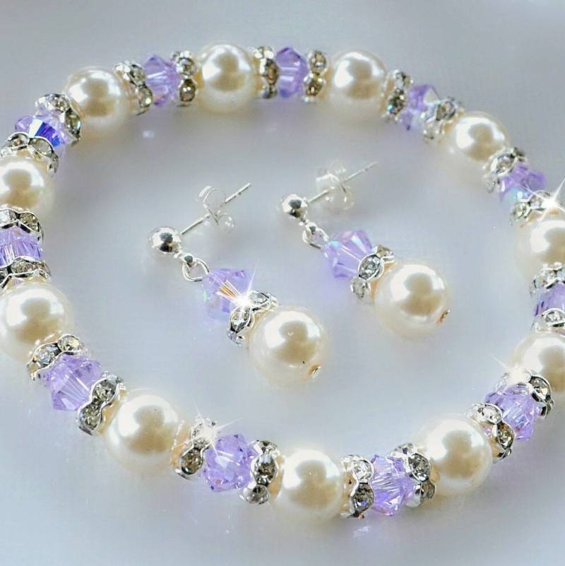 Kristall Und Perlen Armband & Ohrringe Set Versilberter Brautschmuck von HeartofGems