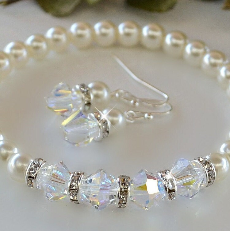 Kristall Und Perlen Ohrring Armband Set/Brautschmuck von HeartofGems