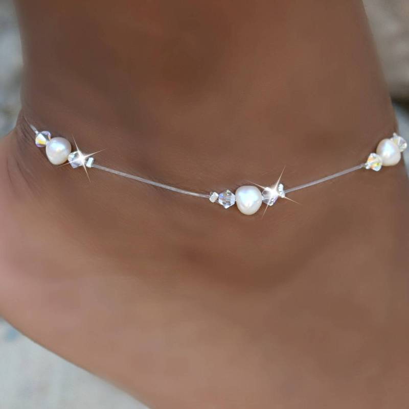 Kristall & Süßwasserperle Stretch Fußkettchen Strand Brautschmuck von HeartofGems