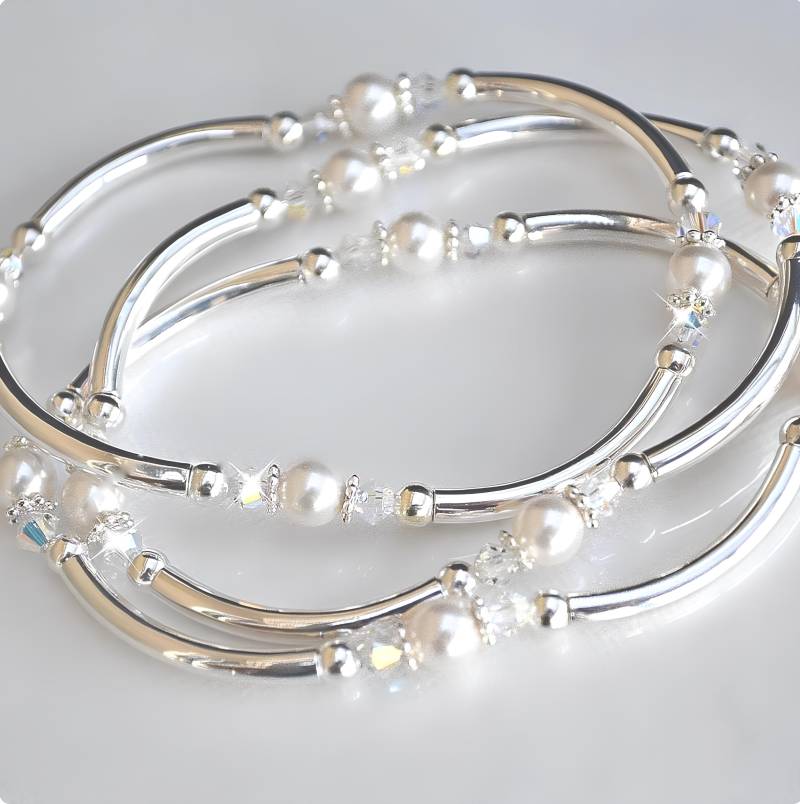 Perlen Und Kristall Armreifen Set, 3Er Silber von HeartofGems